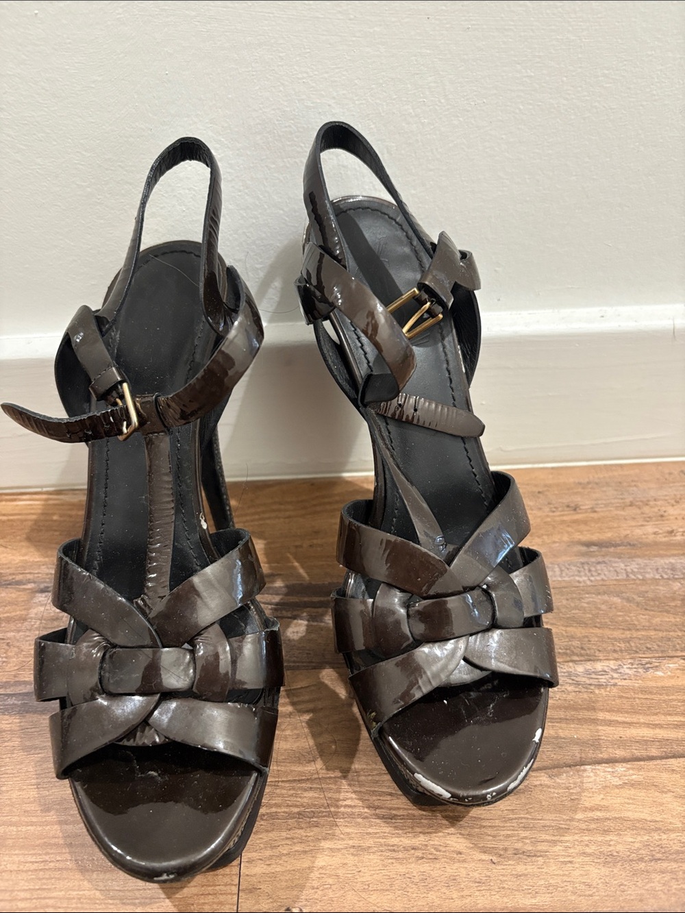 Yves Saint Laurent Brown Patent Slingback Wedge Sandals